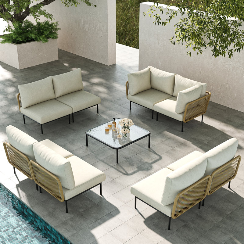Layinsun Outdoor Patio Woven Rope Wicker Modular 9 Pieces Sectional Set With Fire Pit Table And Cushions