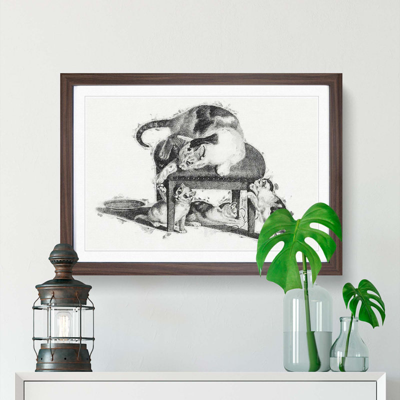 Cat with Kittens by Gottfried Mind - Picture Frame Drawing Print, 27cm H x 36cm W x 2cm D, Walnut Framed