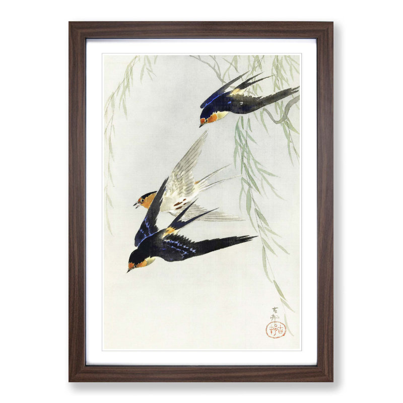 Swallows in Flight by Ohara Koson - Picture Frame Art Print on MDF, Walnut Framed, 65cm H x 48cm W x 2cm D