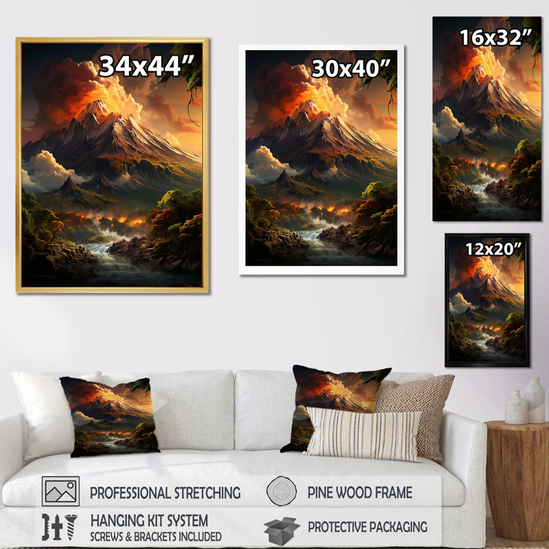 «Volcano Volcanic Awakening II», reproduction sur toile, Cadre simple noir, H 44 po x l 34 po x P 1,5 po