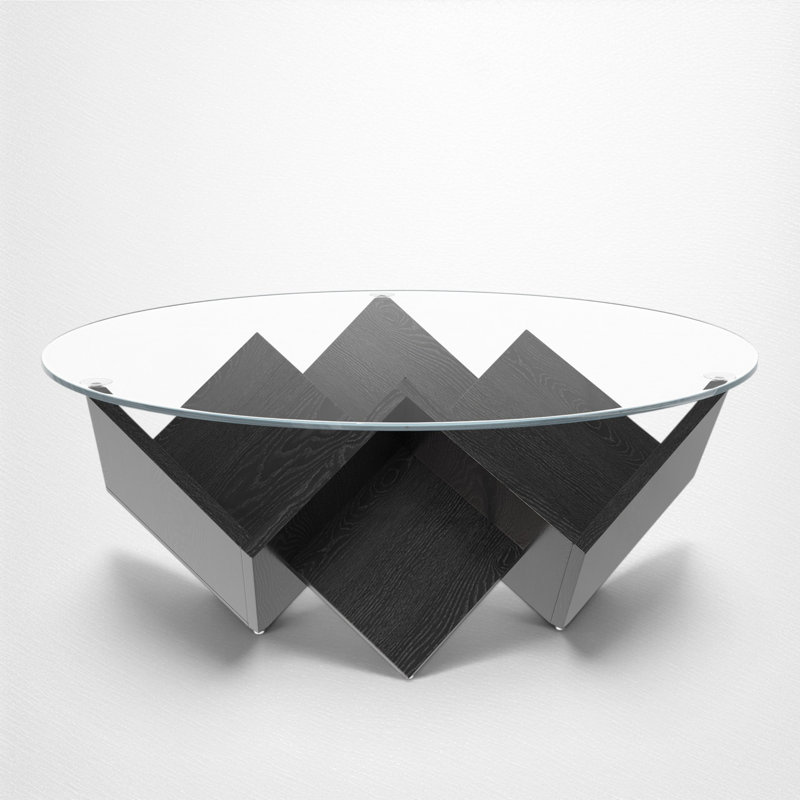 Table basse ronde en verre trempé, base de rangement géométrique, design sculptural abstrait, salon moderne, Noir