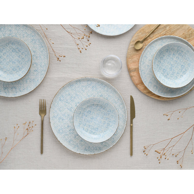 Uno Piece Stoneware Dinnerware Set - Service for 4, Blue/Beige/Ivory