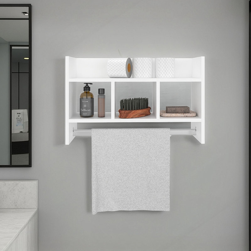 Bath Shelf With Towel Bar, Open Shelves, And Storage Space For Bathroom Items, White