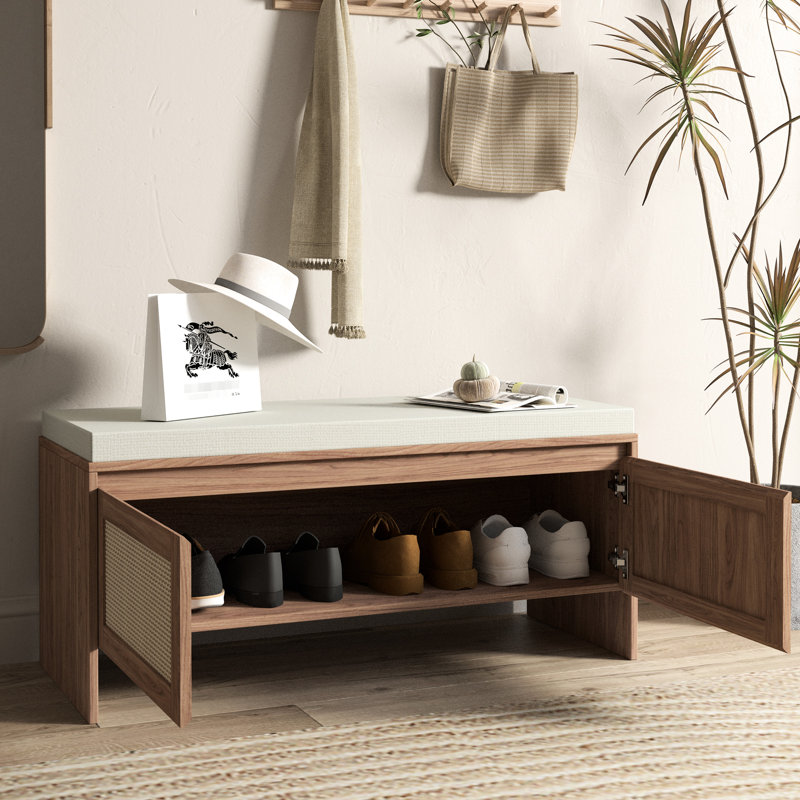 Pp Bench With Cushion For Bedroom, High - Density Sponge, Easy Maintenance, Proof Design Faux Shoe Padded Seat And Design, Engineered Hardwood, Ample Storage Shoes