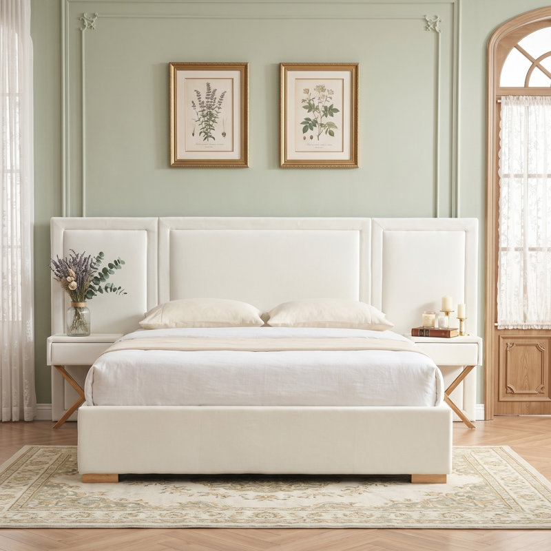 Modern Wide-Panel Upholstered Bed, Queen, White Velvet, White, Queen
