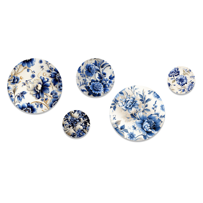 Cobalt Blue and White Floral Metal Wall Art Set of 5 Panels