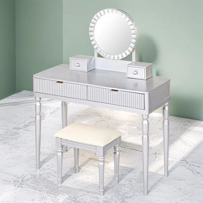 Silver Dressing Table with Mirror, Drawers & Stool, Modern Vanity Desk Set