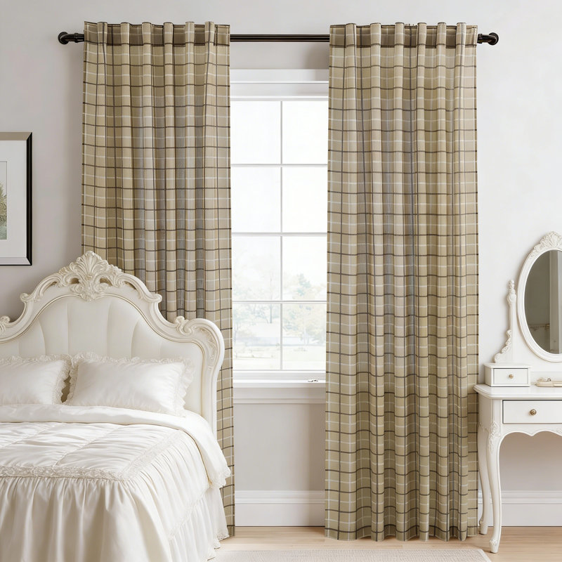 Farmhouse Linen Plaid Curtains Light Filtering, Semi-Sheer Privacy Gingham Window Drapes, 52" W x 96" L