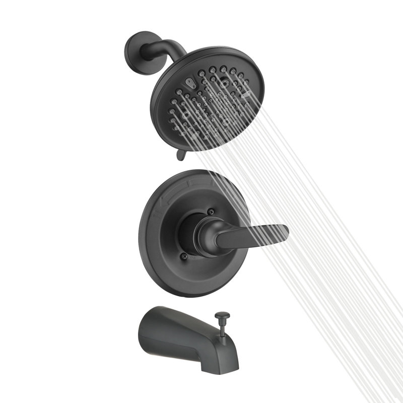 Matte black shower faucet trim kit with shower head, lever handle, and tub spout with diverter