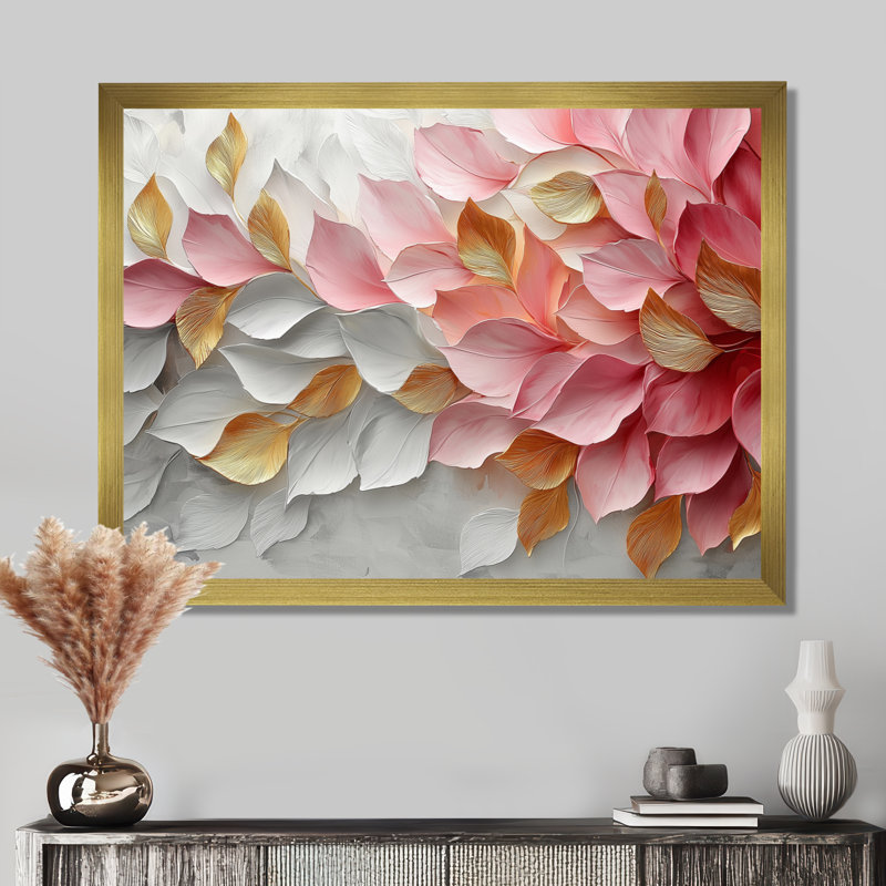 Or rose élégant veines de pétales de fleurs - art abstrait grand fleurs abstraites, H 24 po x l 32 po, Avec cadre, Doré