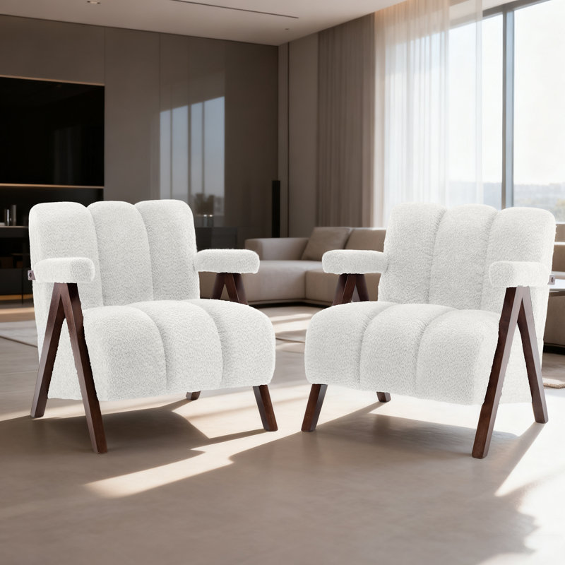 Dormon Upholstered Boucle  Armchair with Solid Wood Legs, Ivory