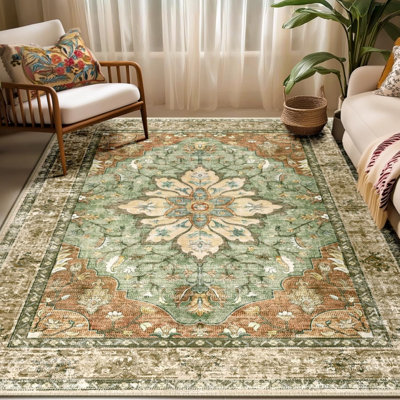 Tapis à médaillon lavable antidérapant à motif floral rétro de 5 pi x 7 pi pour le salon, la chambre et la salle à manger