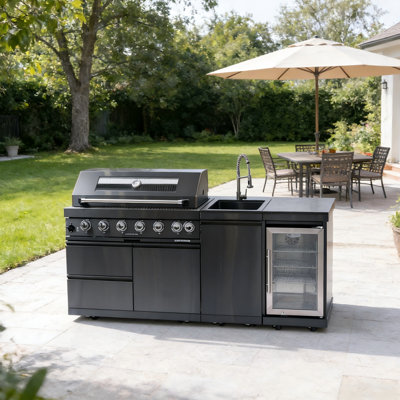 Barbecue extérieur 6 brûleurs, 85 000 BTU, cave à vin, réfrigérateur, comptoirs en granit noir, barbecue traditionnel américain en acier inoxydable avec kit compact et comptoirs, idéal pour l'été