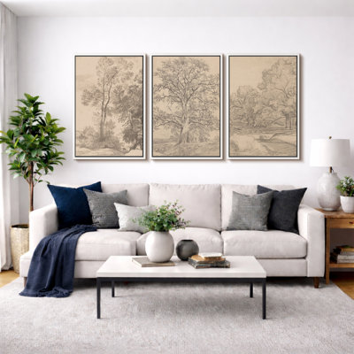 «Rustic Countryside», croquis rétro, arbre de forêt, œuvre d'art de campagne française classique neutre, impression sur toile encadrée, 3 pièces, 16 po x 24 po x 3 pièces, 24 po x 36 po x 3 pièces