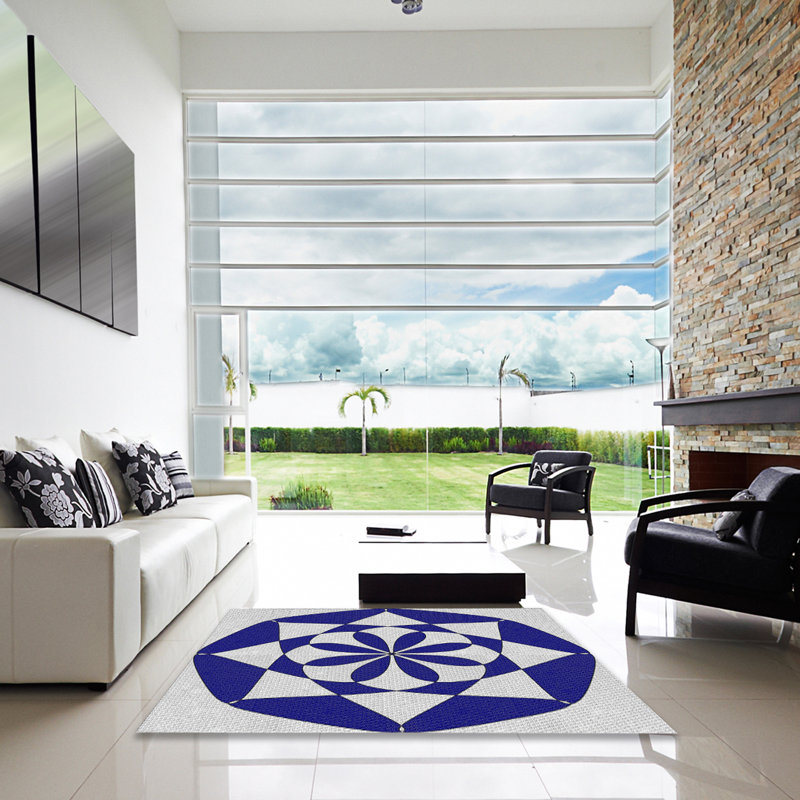 Tapis bleu / crème en laine / polyester tissé à la machine, Carré 7 pi