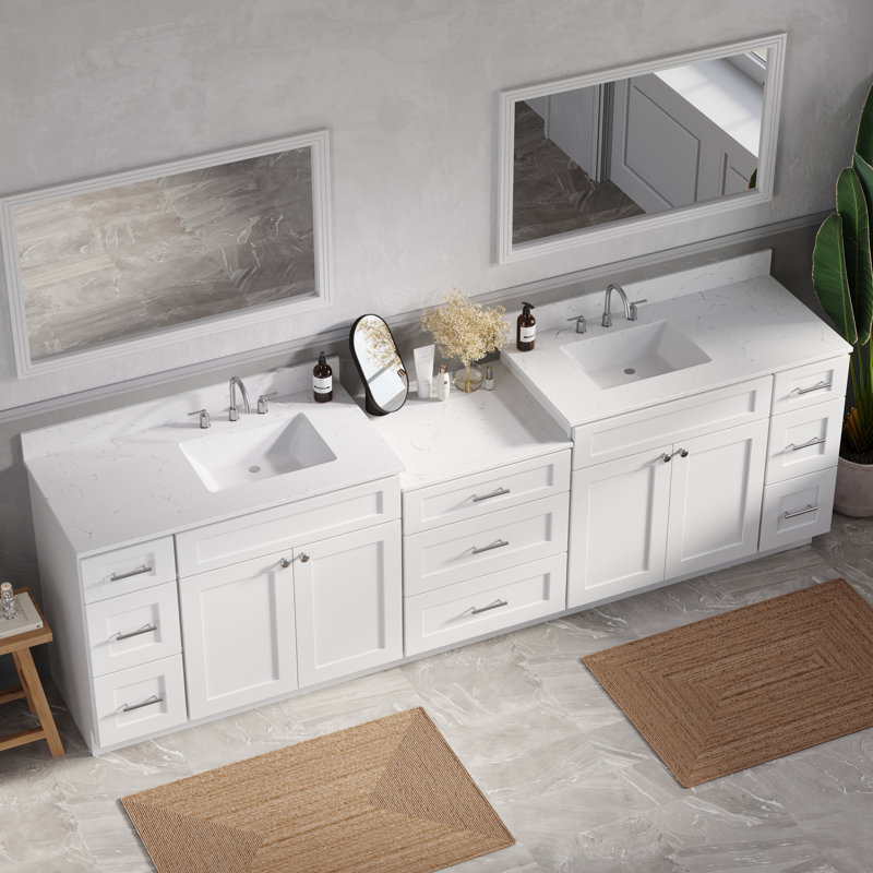  Meuble-lavabo double 108 po avec comptoir en bois massif Carrara, 109", Blanc