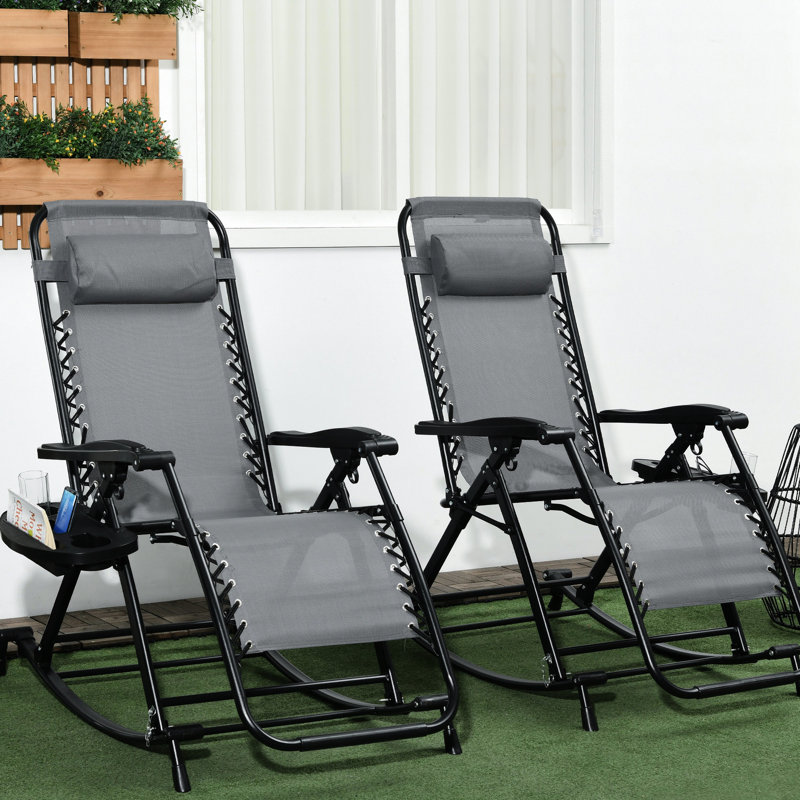 Paire de chaises berçantes d'extérieur, pliable, zéro gravité, inclinable avec coussin, porte-gobelet et téléphone, gris. Rouille - acier, chaises confortables de 2 pièces, plateau berçant, structure en acier, tissu respirant. Rapide