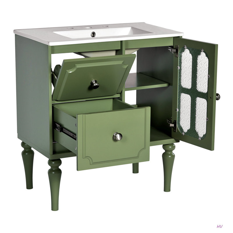 Meuble-lavabo de salle de bain de style rétro avec lavabo en céramique 30 po, meuble-lavabo simple autoportant avec 2 tiroirs, armoire de rangement en bois massif