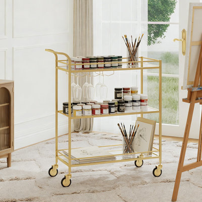 3-Tier Bar Cart With Wine Rack And Glass Holder, Rolling Beverage Serving Cart With Tempered Glass Shelves And Safety Rails For Home, Dining Room, Or Kitchen