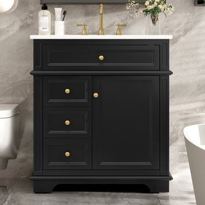 Meuble-lavabo à cadre en bois massif de 30 po avec lavabo, tiroir à une extrémité, 3 tiroirs et tablette de porte