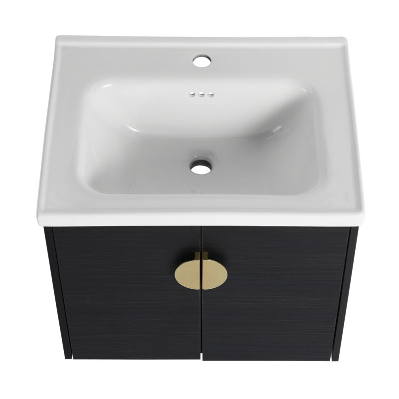 Meuble-lavabo à fermeture en douceur avec lavabo et petites tablettes de rangement