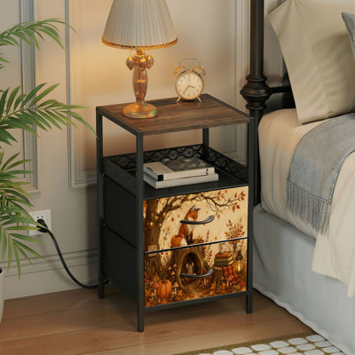 Table de chevet 2 tiroirs avec station de charge, table de chevet pour chambre à coucher avec ports USB, tablette ouverte noire, table de chevet avec motif de feuilles d'automne fantaisiste
