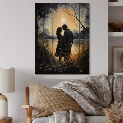 Couple romantique, paysage embrassant le coucher de soleil III sur bois