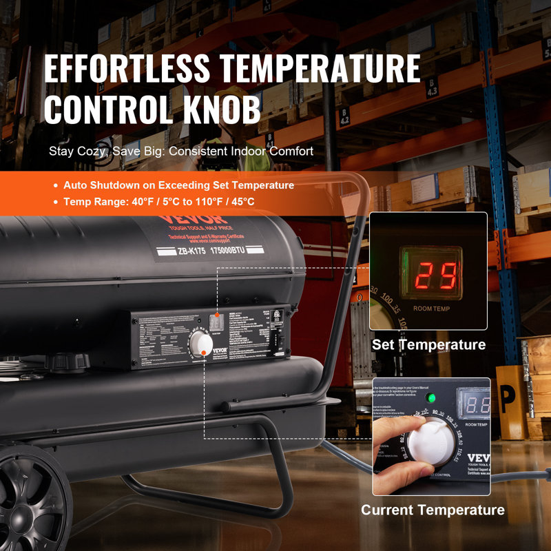 Kerosene Forced Air Heater, 175000 BTU Portable Air Space Heater With Thermostat, 13.2 Gallon Tank Energy-Efficient Heavy-Duty Heater, For Indoor Outdoor Use Workshop Industry