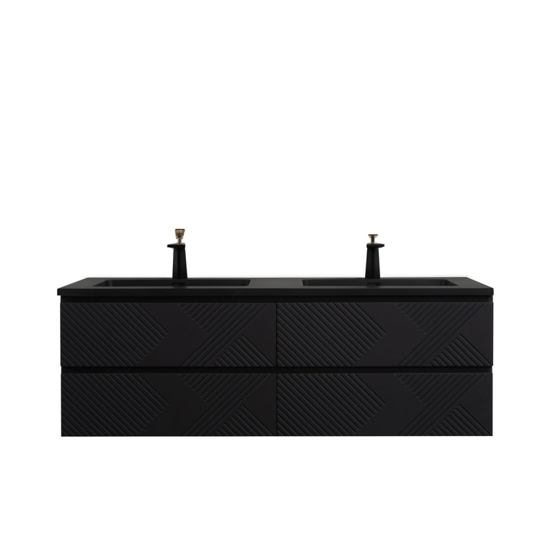 Georgiane 72 po L x 21 po P 4 tiroirs Meuble-lavabo mural avec évier double et Comptoir en Quartz noir