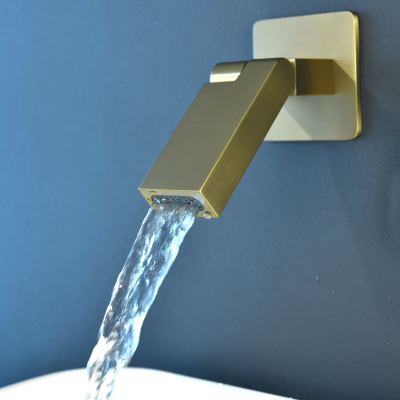 Robinet de lavabo mural en laiton massif avec drain optionnel, Or brossé, Système de drainage non compris