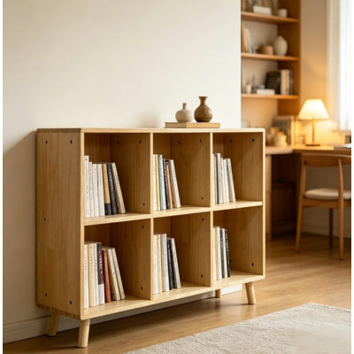 Natural Solid Wood 6-Cube Open Storage Shelf with Elevated Legs, Freestanding Cubby Bookcase Organizer for Living Room Bedroom Office Entryway