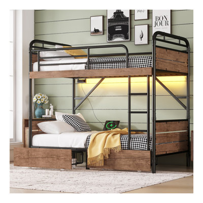 Twin XL Over Twin XL Metal Bunk Bed, Detachable Metal Bunk Bed With LED Light And Charge Station, Twin XL Bunk Bed With Two Storage Drawers, Black by Mason & Marbles