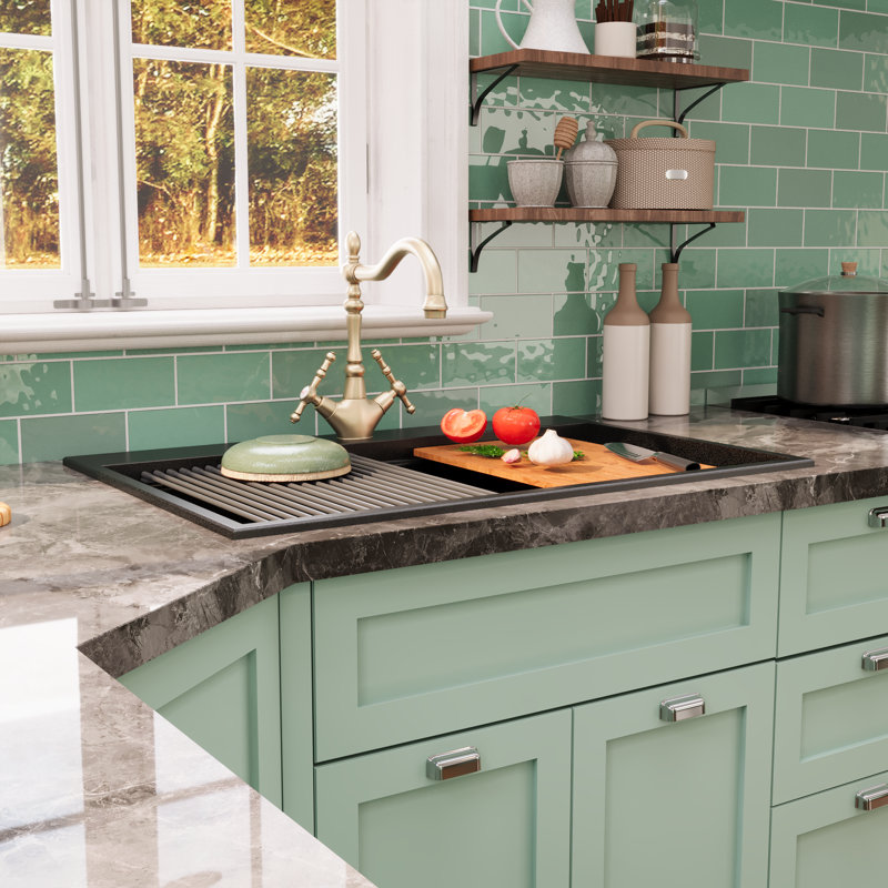 DeerValley 33" x 22" Black Undermount Drop in Quartz Double Bowl Kitchen Sink with Accessories