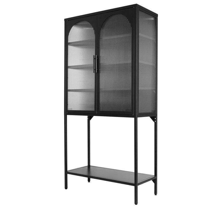 Lyndah Tempered Glass Tall Storage Cabinet with Adjustable Shelves and bottom shelf, Black