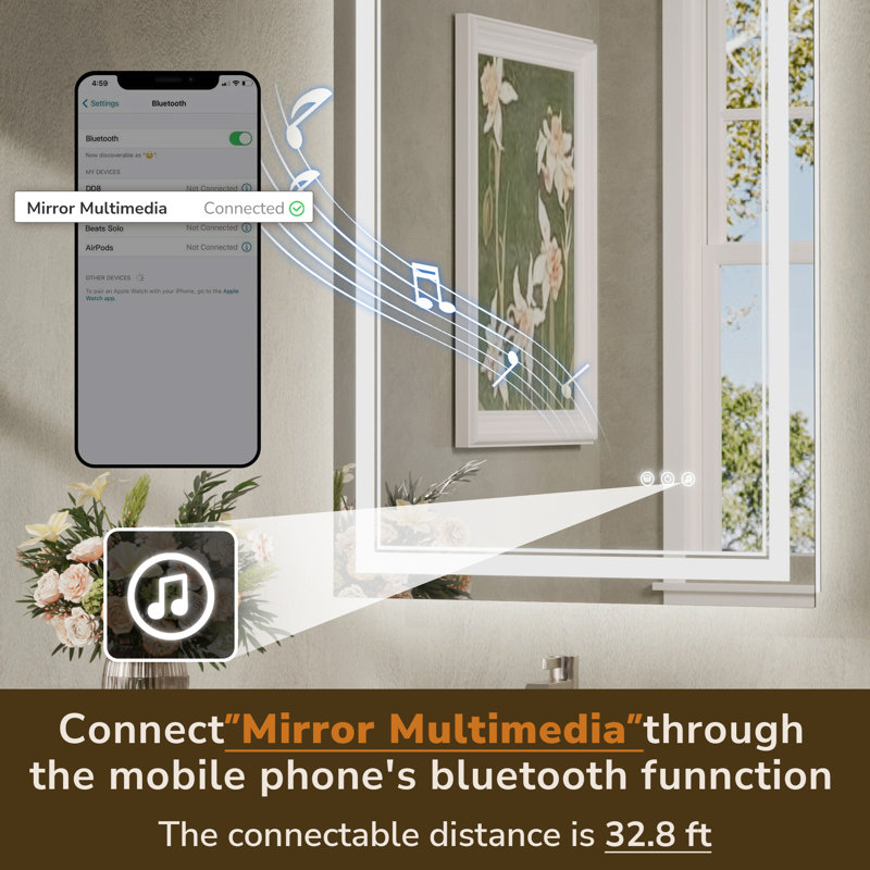 Bluetooth LED Bathroom Mirror Frontlit And Backlit, 3 Colors Temperature & Dimmable Light, Defog, Tempered Glass Vanity Mirror
