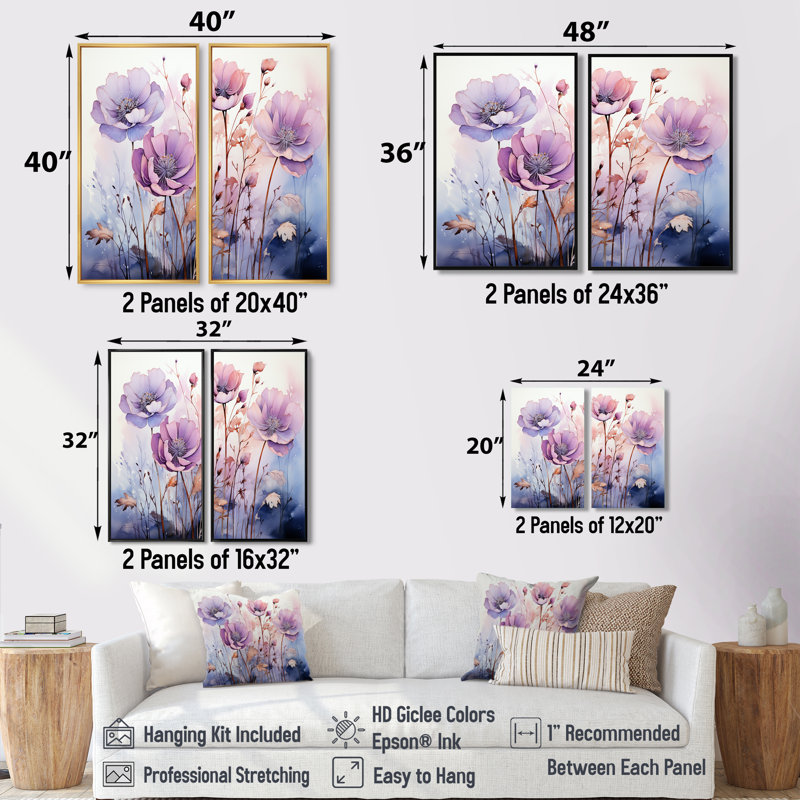 Mauve et fleurs mystiques II - art mural moderne 2 panneaux, Impression encadrée flottante, Noir, H 36 po x l 48 po