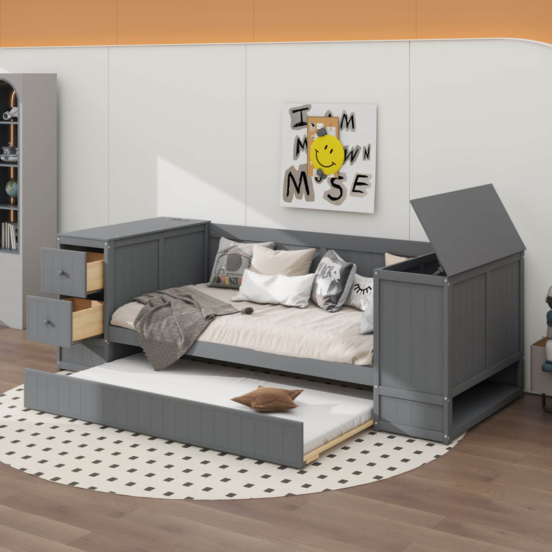 Twin Size Daybed With Storage Arms, Trundle And Charging Station, Gray