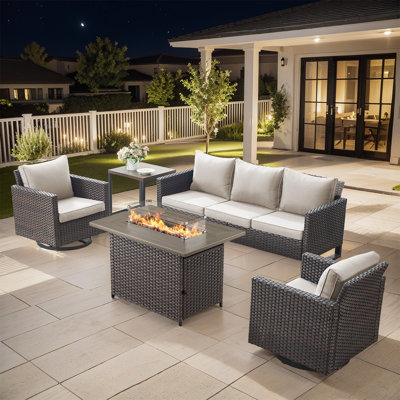 Bayboro 5 - Person Outdoor Seating Group With Fire Pit With Swivel Glide Chair And Cushions