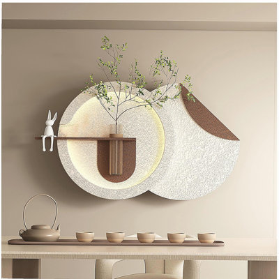 Adjustable 3-Color LED Sandstone Double-Disc Wall Art with Simulated Greenery, 3D Sculpture featuring Glass Vase & Rabbit Statue, Remote-Controlled Light Strips for Living Room, Bedroom & Hallway
