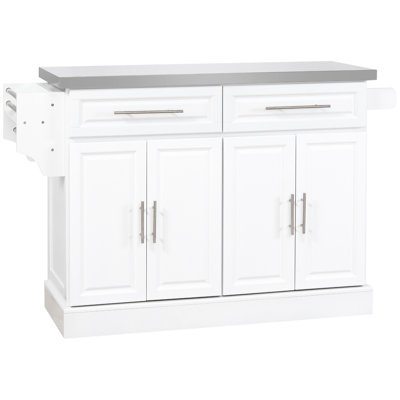 Portable Kitchen Desk With Stainless Steel Top And Organized Storage Solutions, 2 Drawers, Spice Rack, Towel Holder, White, Solutions Island Countertop, Top, Cabinets, Holder