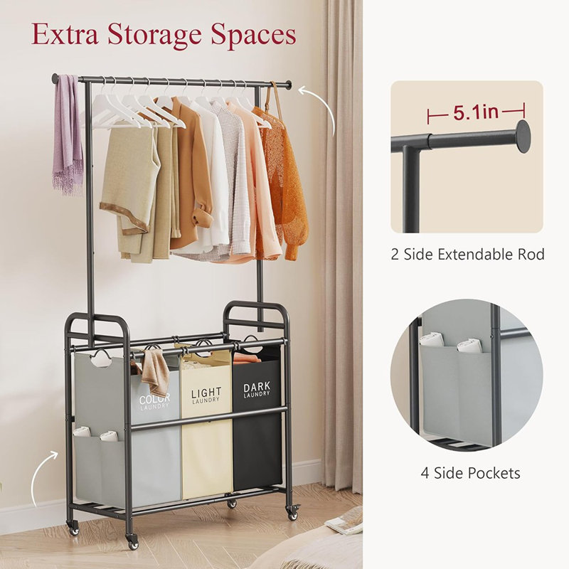 Laundry Sorter Cart With Hanging Clothes Rack, 3 Butler ...