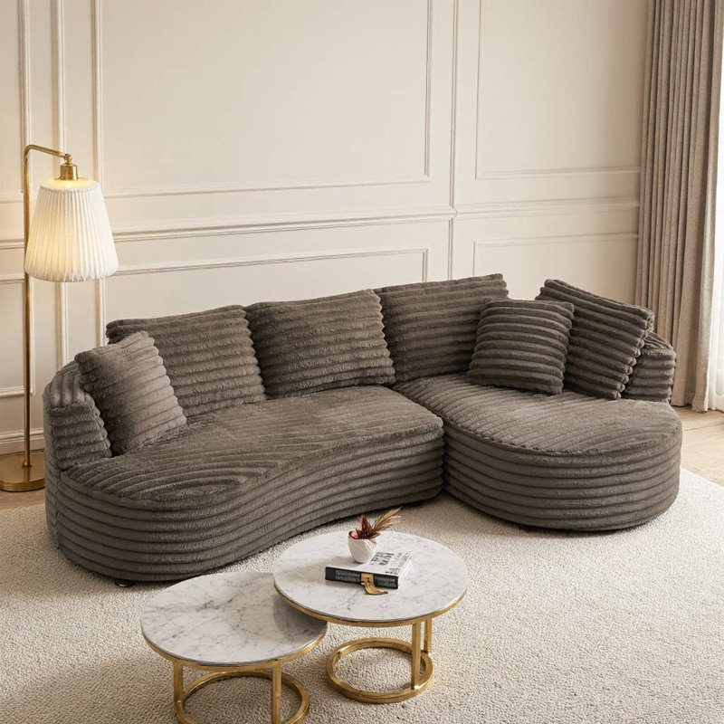 Modern Curved L-Shape Luxury Sectional, Corduroy Upholstery, Tufted Surface, No Assembly Required, 4-Seat, Brown