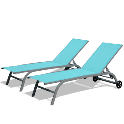 Chaise Lounge Outdoor - 5 Position Adjustable , Aluminum, Wheels, Navy Blue, Patio, Deck 2 Chairs For Outside With Wheels Positions, Quick-Drying , Poolside Mobility