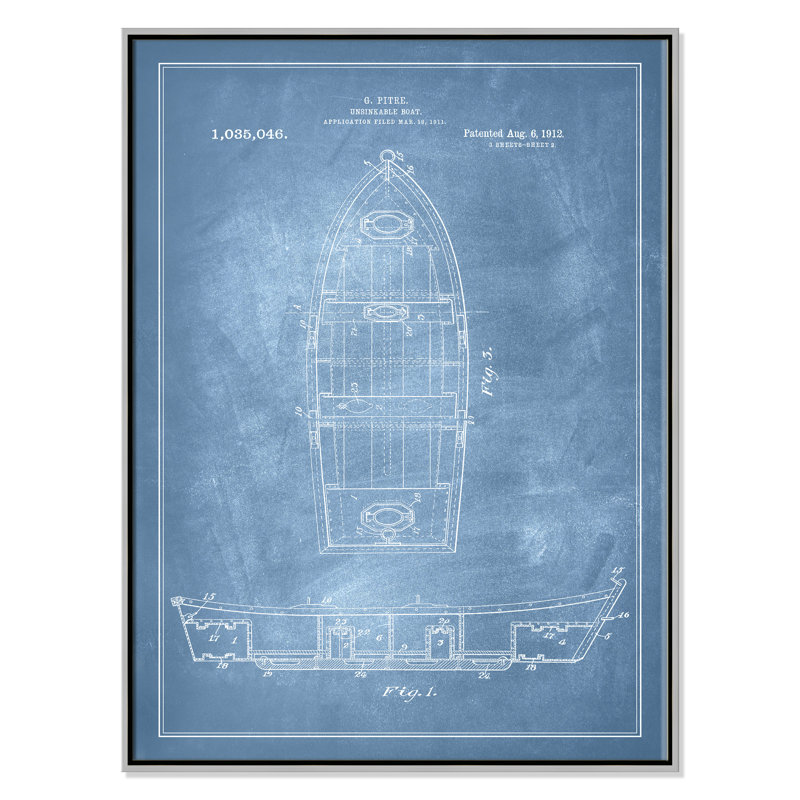 «Boat 1 Blueprint - Blue - Floater Frame», impression sur toile, Cadre argenté, H 16 po x l 12 po x P 2 po