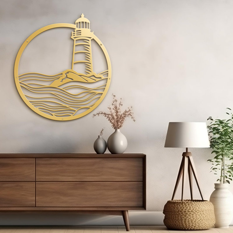 Sea Lighthouse Minimalist Modern Abstract Wall Accent Sculpture Hanging Decoration Metal Wall Decor, Gold