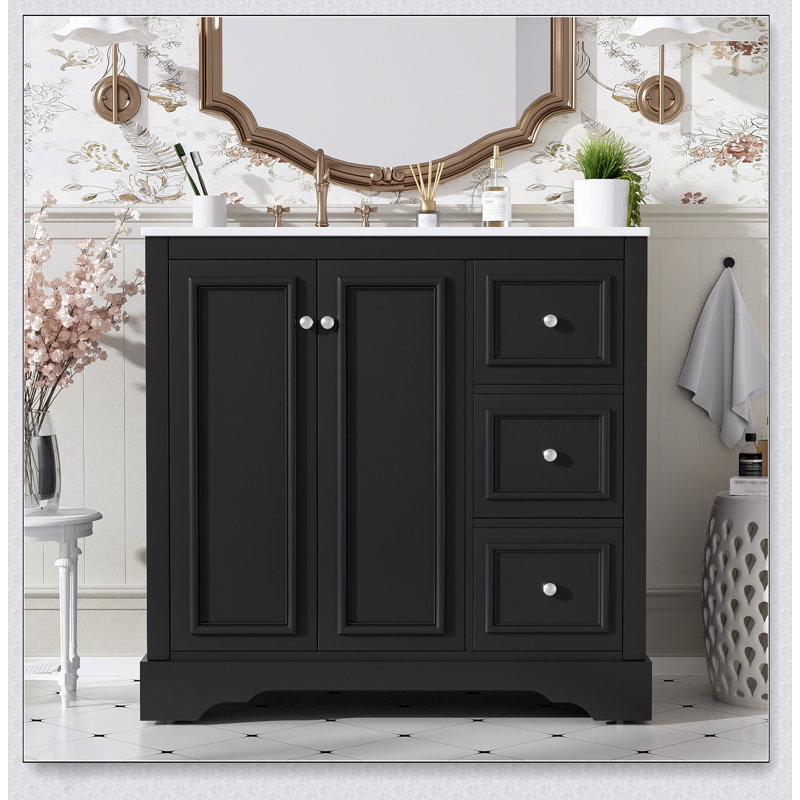 Meuble-lavabo transitionnel de 36 pouces avec lavabo en céramique, portes à fermeture douce et grand rangement pour des salles de bain élégantes et fonctionnelles