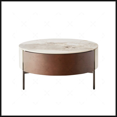 Modern Round White & Reall Wood Color Coffee Table With Drawers And Metal Legs