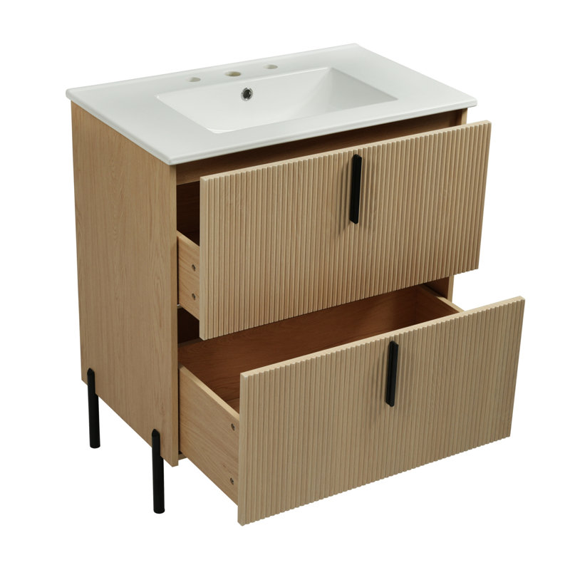 Meuble-lavabo de 76 cm (30 po), lavabo en céramique, tiroirs extensibles, coulisses encastrées à fermeture amortie, design cannelé, aspect naturel, décor moyen, agencement unique des tiroirs de rangement.