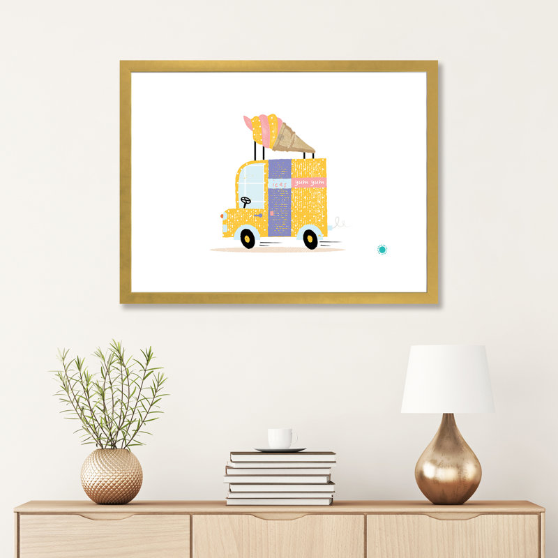 Ice Cream Van - impression d'art graphique, H 24 po x l 32 po x P 1 po, Blanc, Papier encadré doré