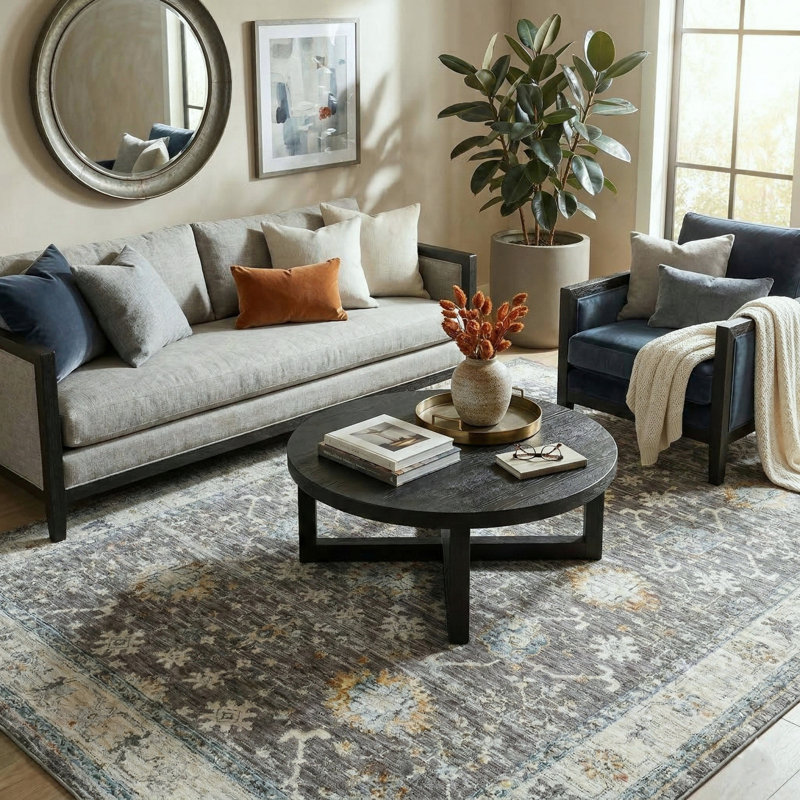 Roseau Performance Modern Country / Farmhouse Floral Gray/Blue Rug, Rectangle 10' x 14'
